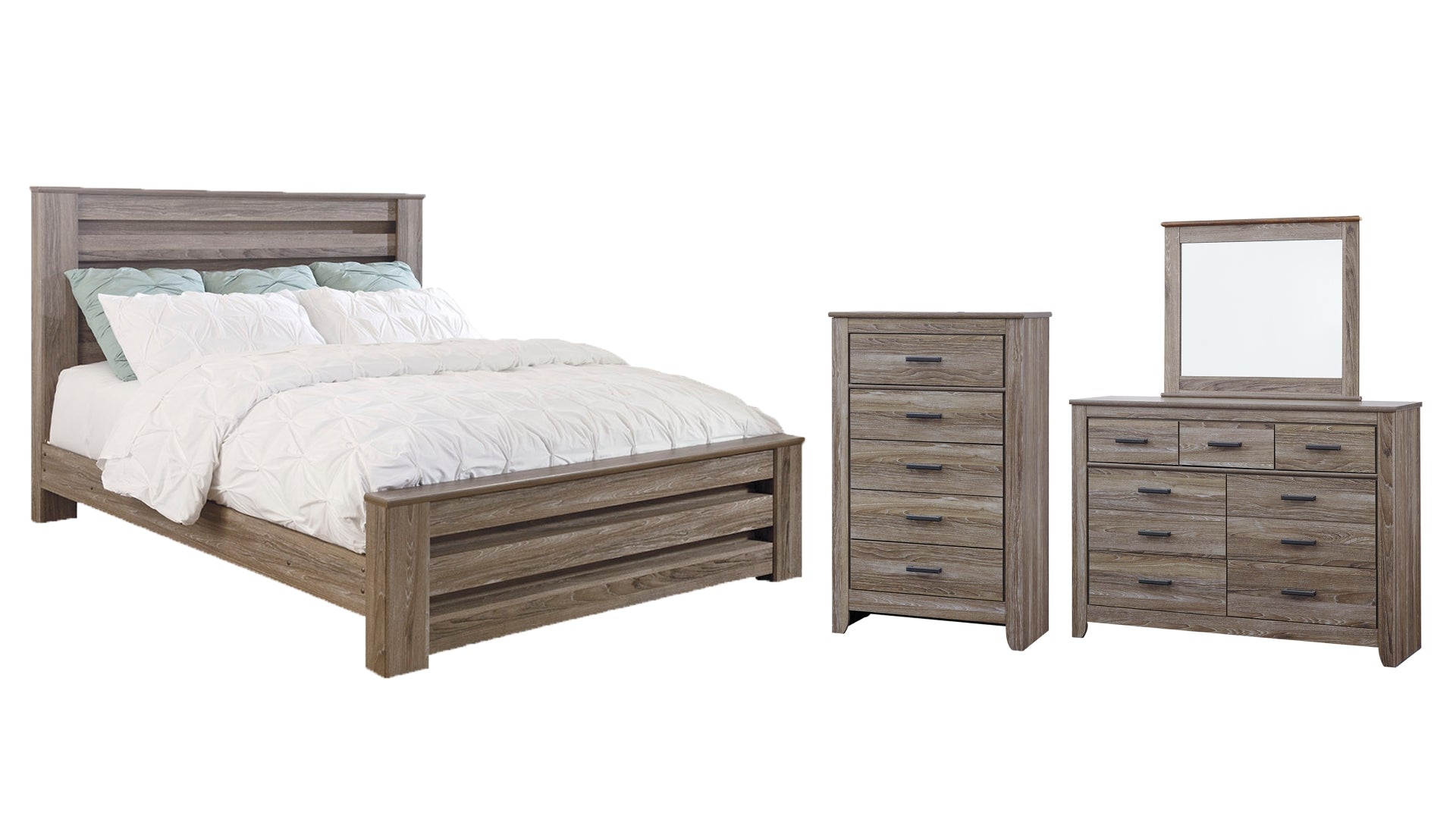 Zelen King Panel Bed with Mirrored Dresser and Chest