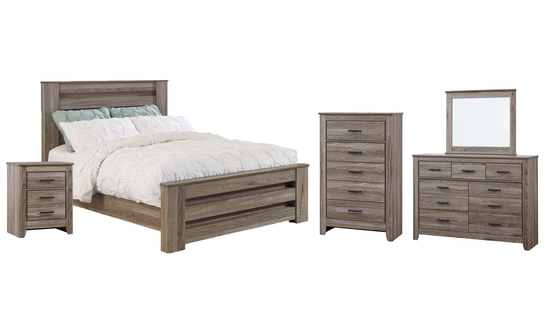 Zelen Queen Panel Bed with Mirrored Dresser, Chest and Nightstand