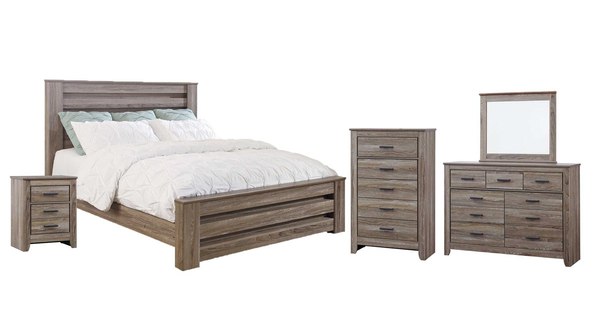 Zelen King Panel Bed with Mirrored Dresser, Chest and Nightstand