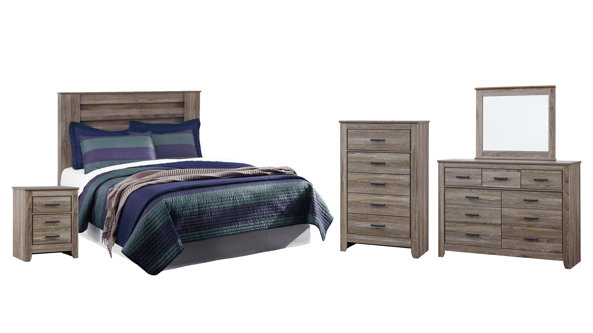 Zelen King/California King Panel Headboard Bed with Mirrored Dresser, Chest and Nightstand