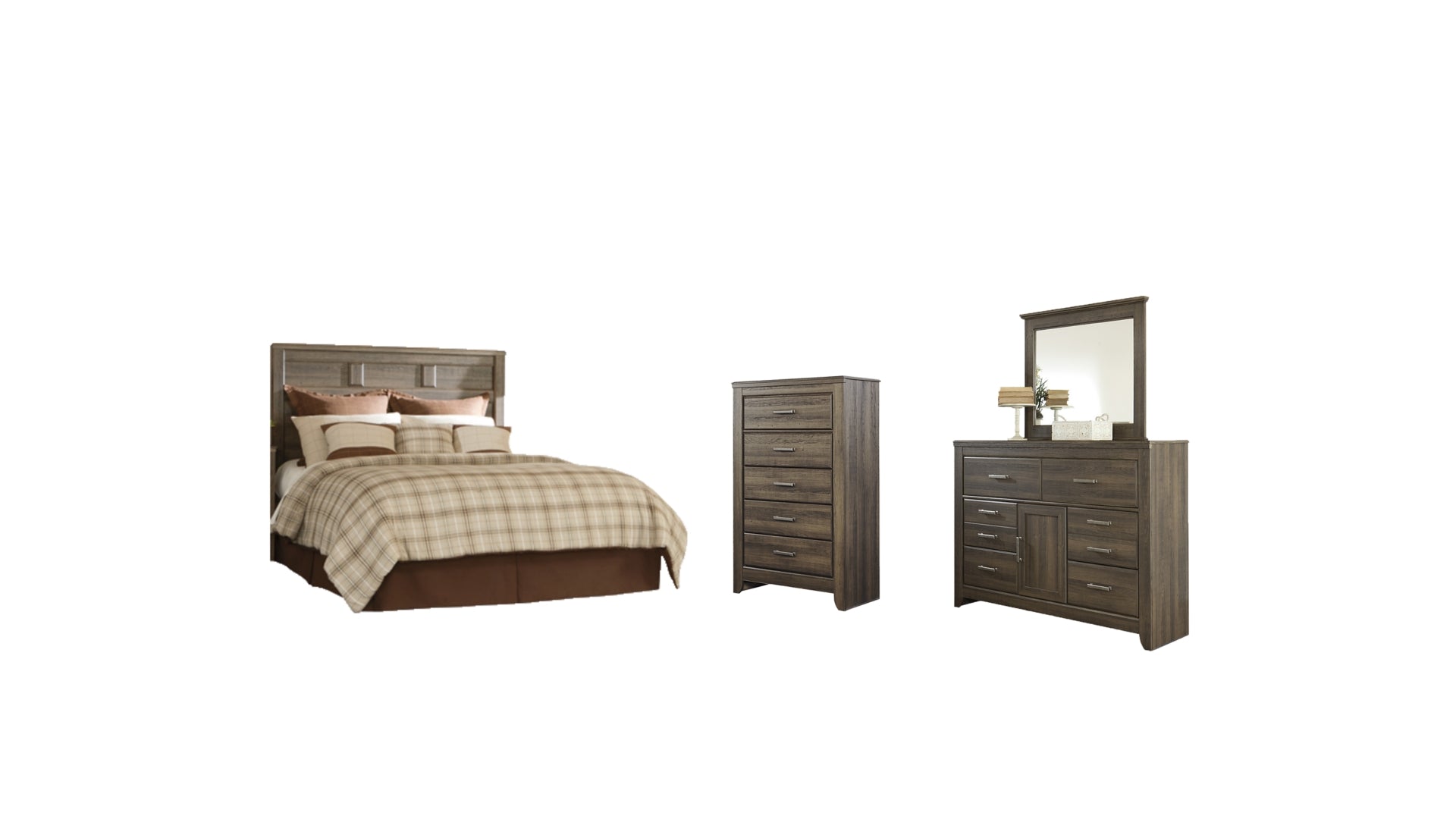 Juararo Queen Panel Headboard Bed with Mirrored Dresser and Chest