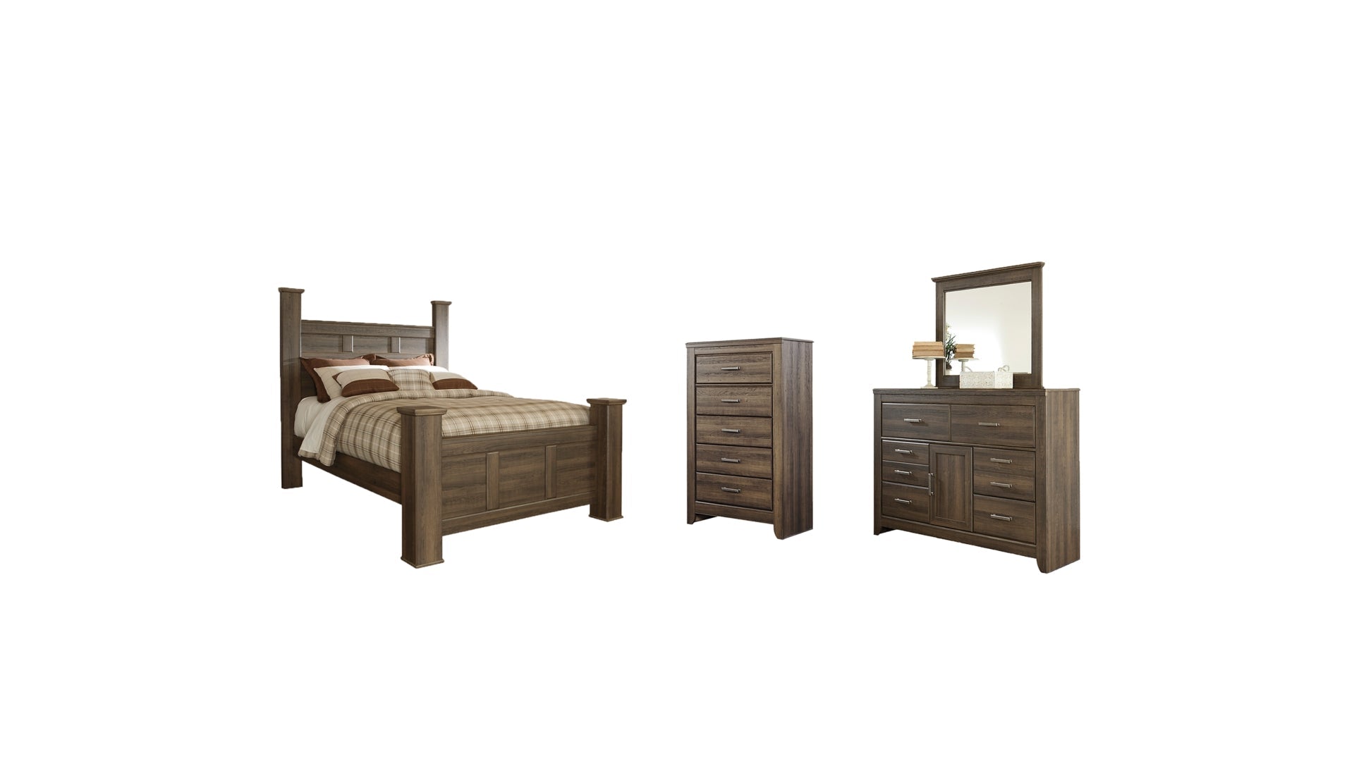 Juararo Queen Poster Bed with Mirrored Dresser and Chest
