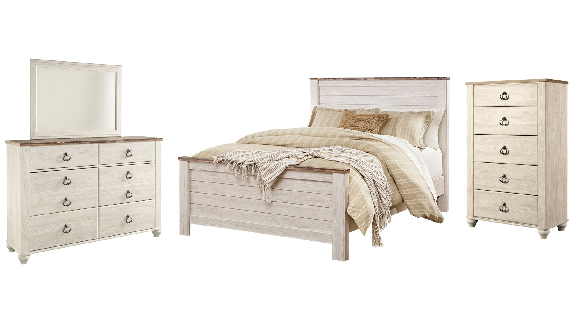 Willowton Queen Panel Bed with Mirrored Dresser and Chest
