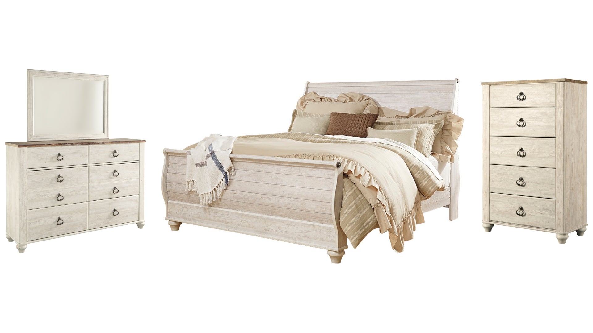 Willowton King Sleigh Bed with Mirrored Dresser and Chest