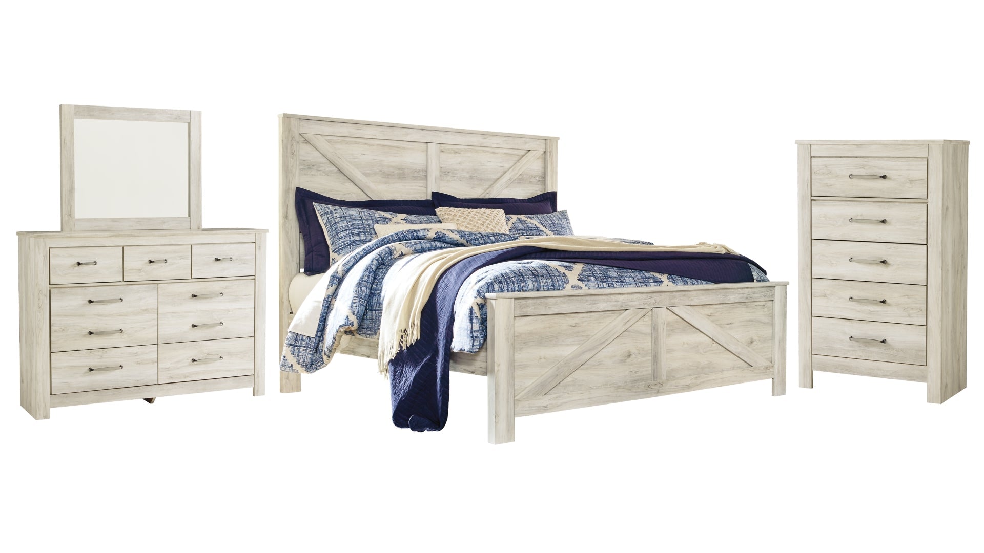 Bellaby King Crossbuck Panel Bed with Mirrored Dresser and Chest