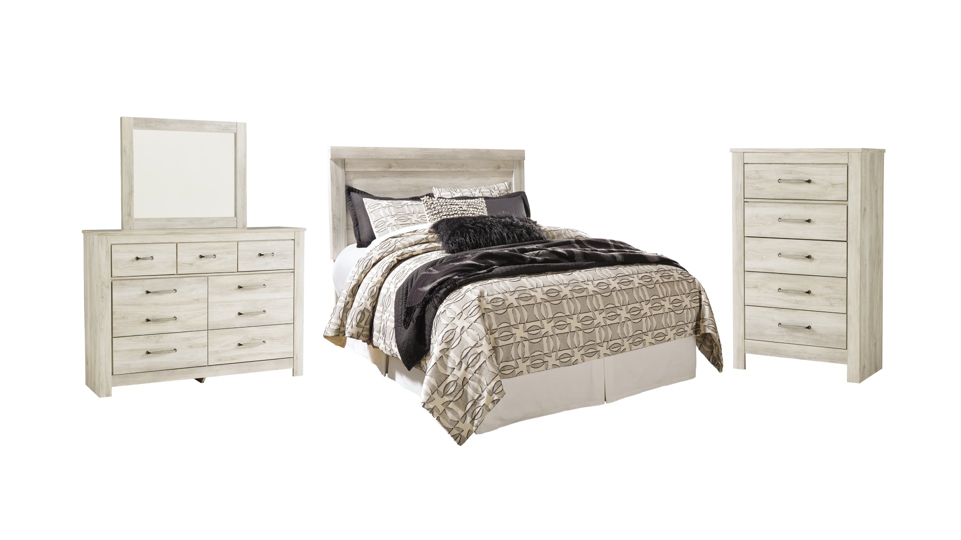 Bellaby Queen Panel Headboard Bed with Mirrored Dresser and Chest