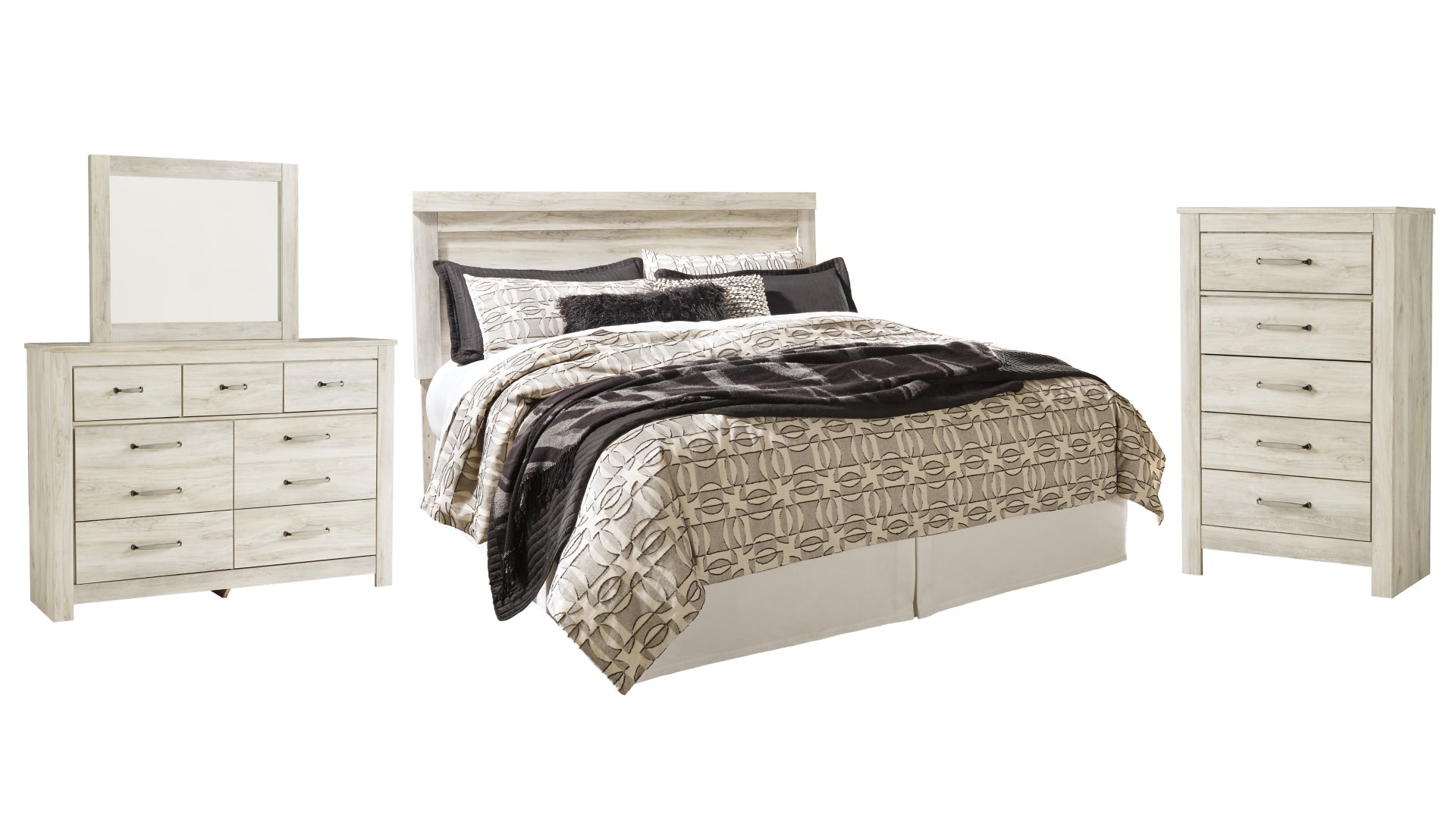 Bellaby King Panel Headboard Bed with Mirrored Dresser and Chest