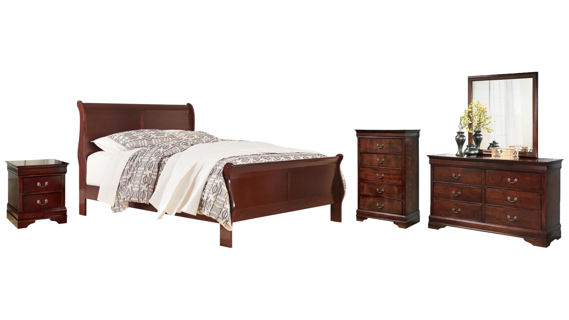 Alisdair Queen Sleigh Bed with Mirrored Dresser, Chest and Nightstand