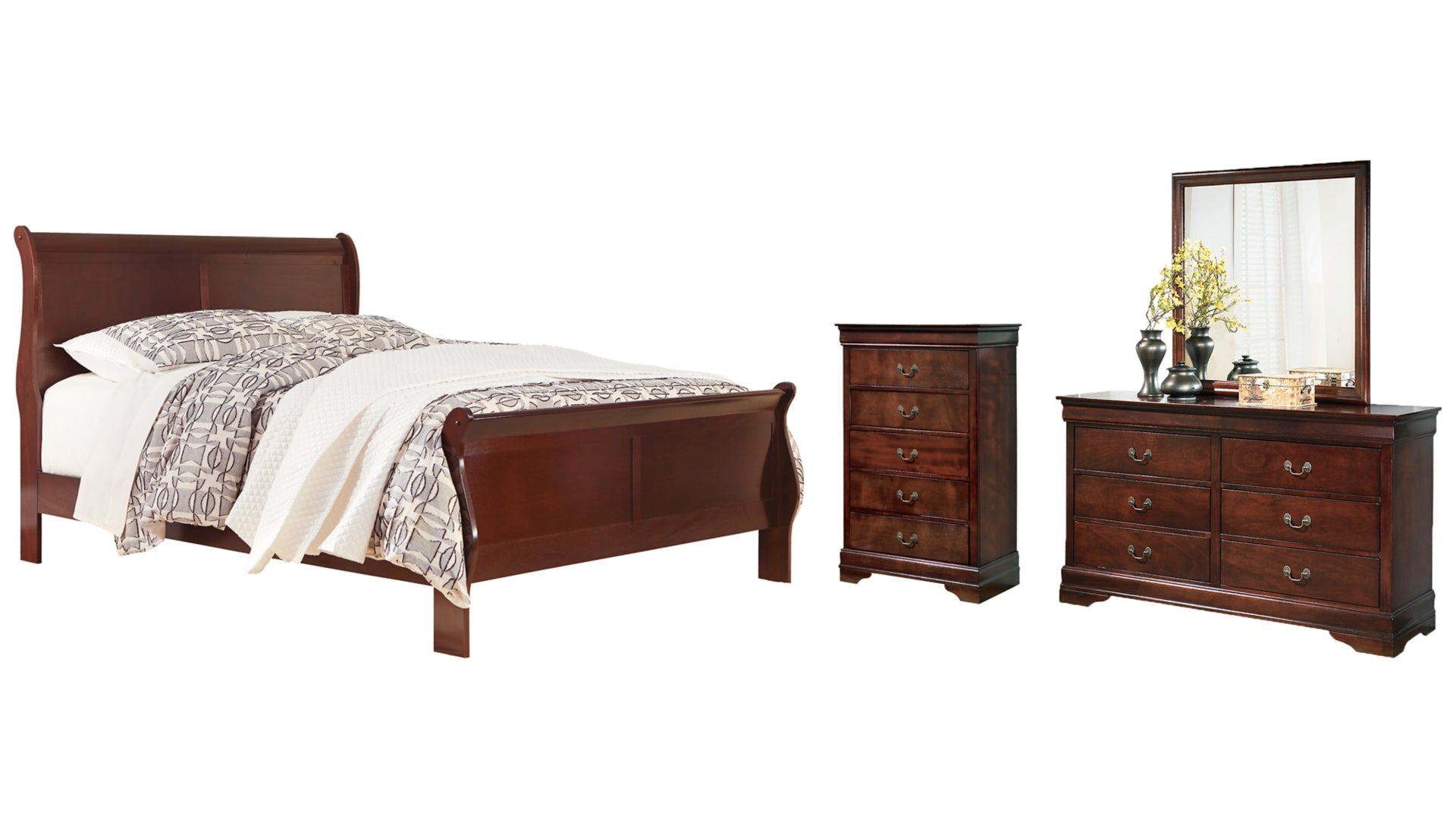 Alisdair Queen Sleigh Bed with Mirrored Dresser and Chest