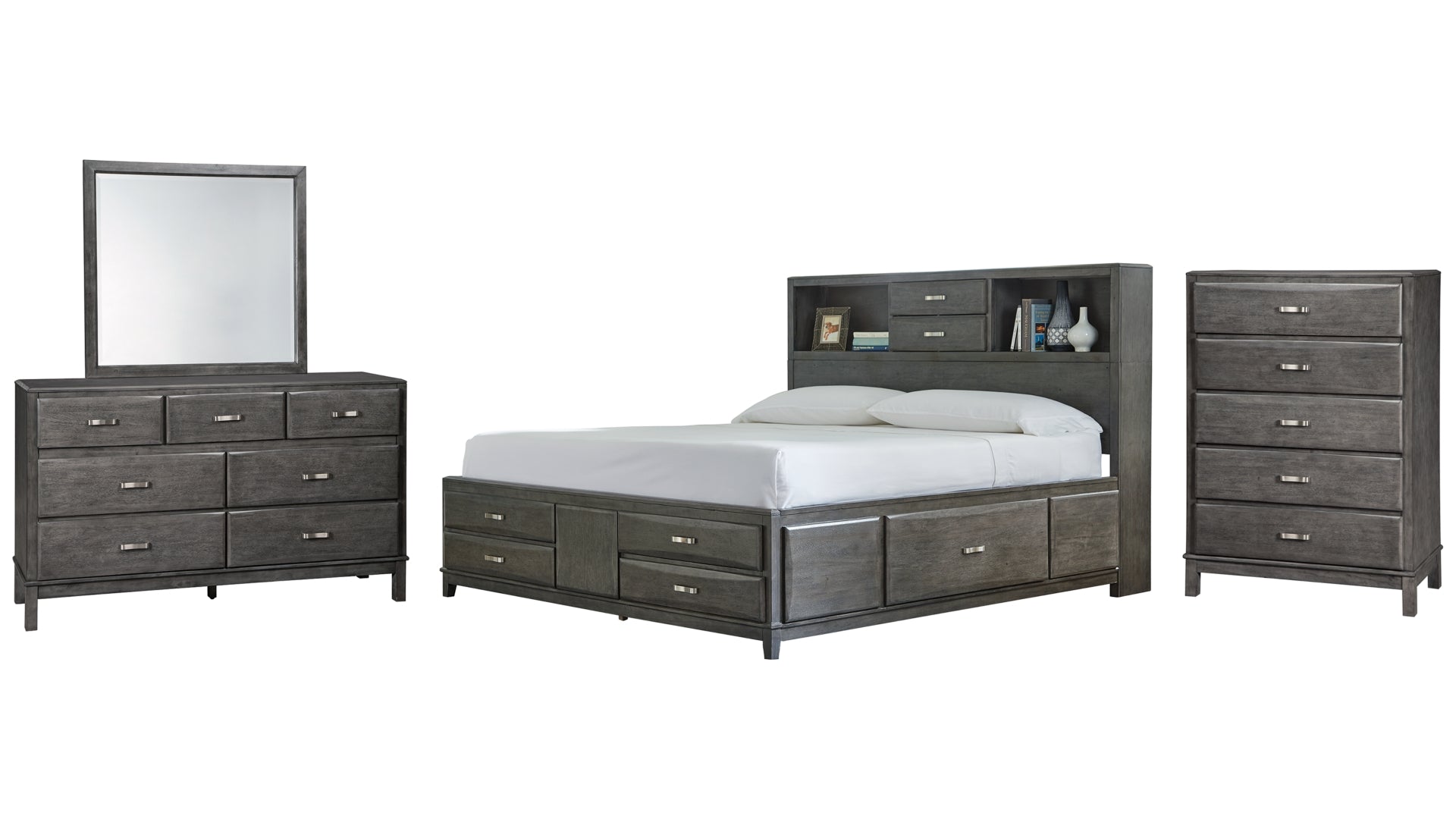 Caitbrook California King Storage Bed with 8 Storage Drawers with Mirrored Dresser and Chest