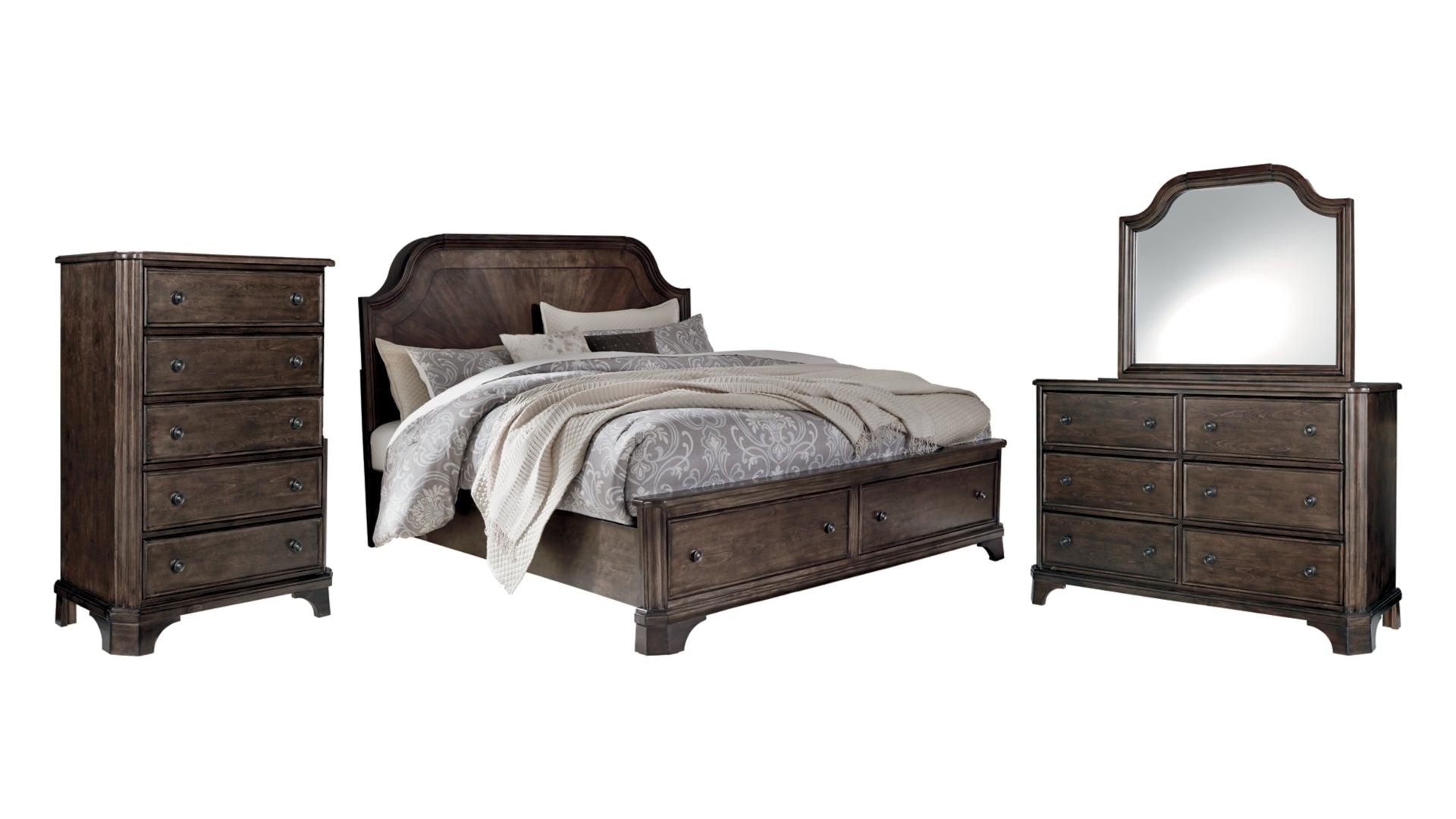 Adinton Queen Panel Bed with 2 Storage Drawers with Mirrored Dresser and Chest