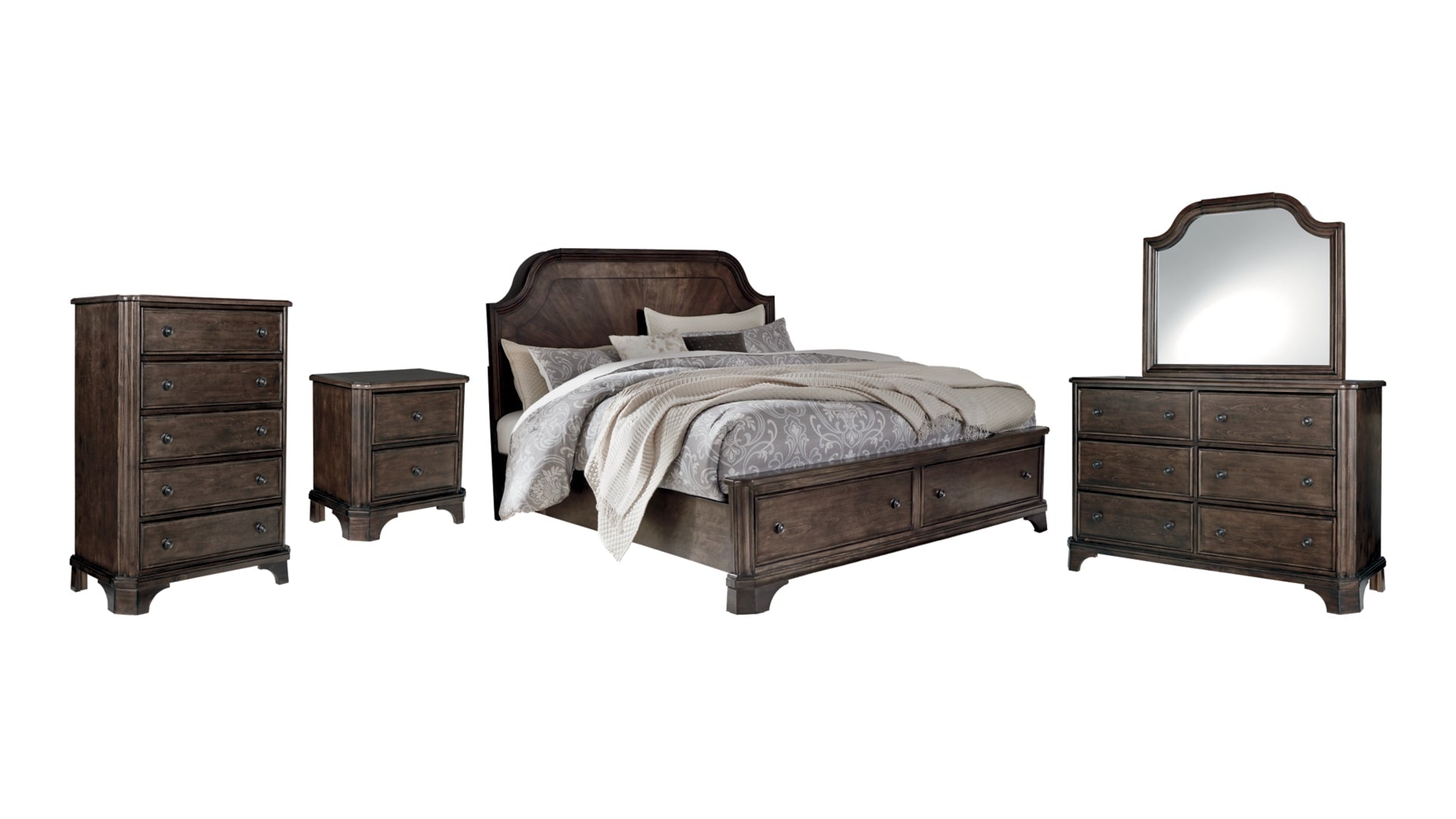 Adinton California King Panel Bed with 2 Storage Drawers with Mirrored Dresser, Chest and Nightstand