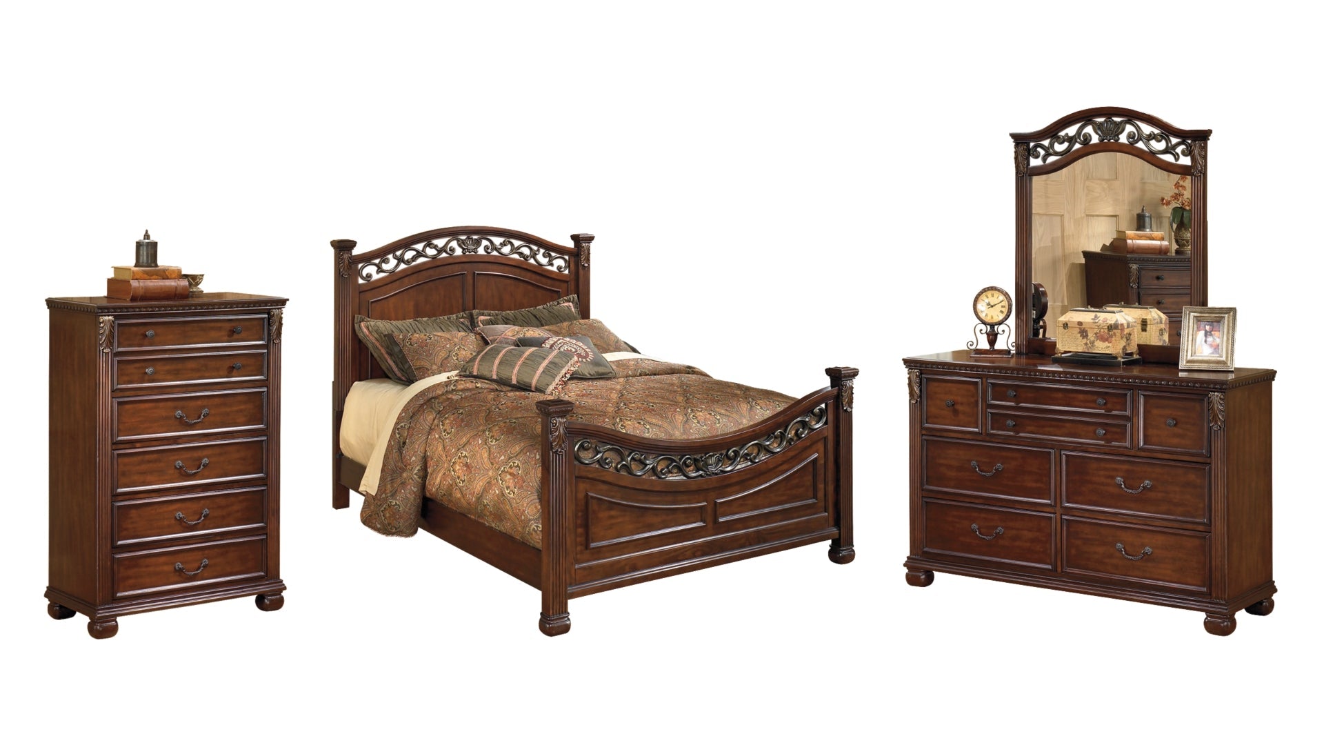 Leahlyn California King Panel Bed with Mirrored Dresser and Chest