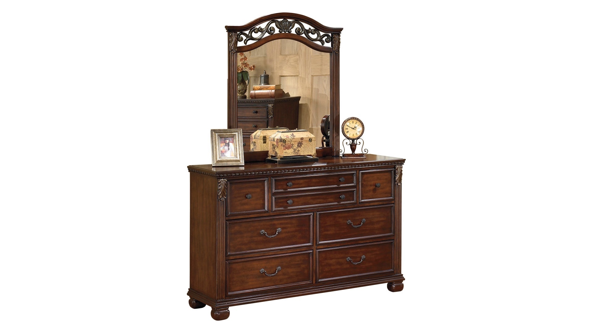 Leahlyn Queen Panel Bed with Mirrored Dresser and Chest
