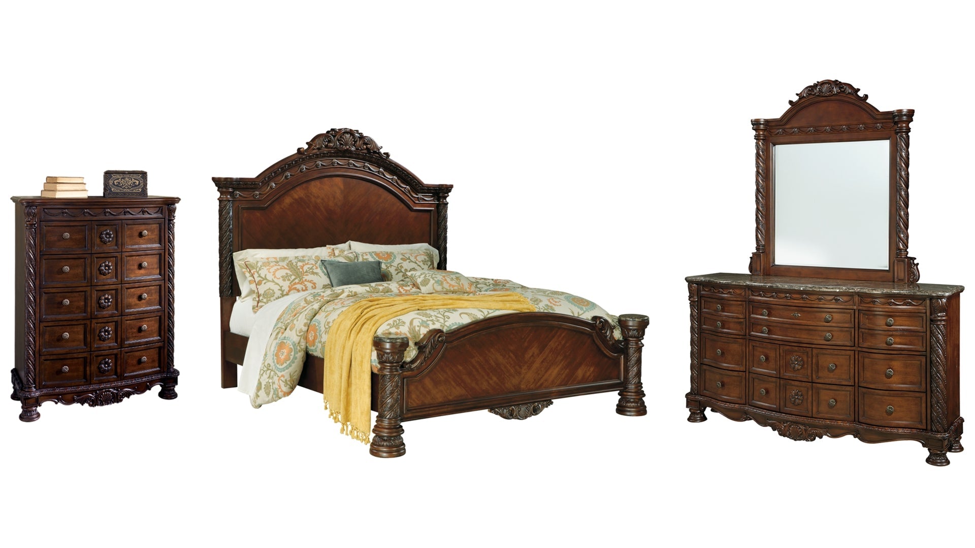 North Shore King Panel Bed with Mirrored Dresser and Chest