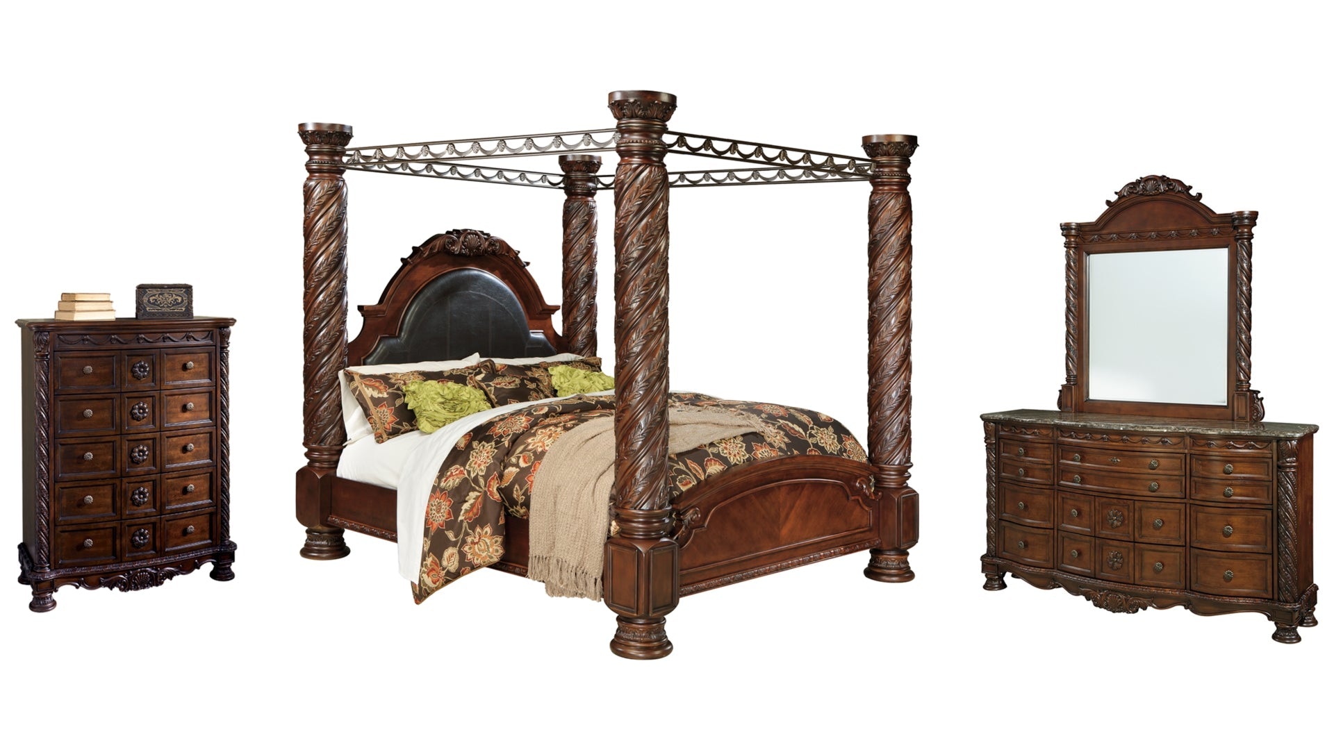 North Shore King Poster Bed with Canopy with Mirrored Dresser and Chest