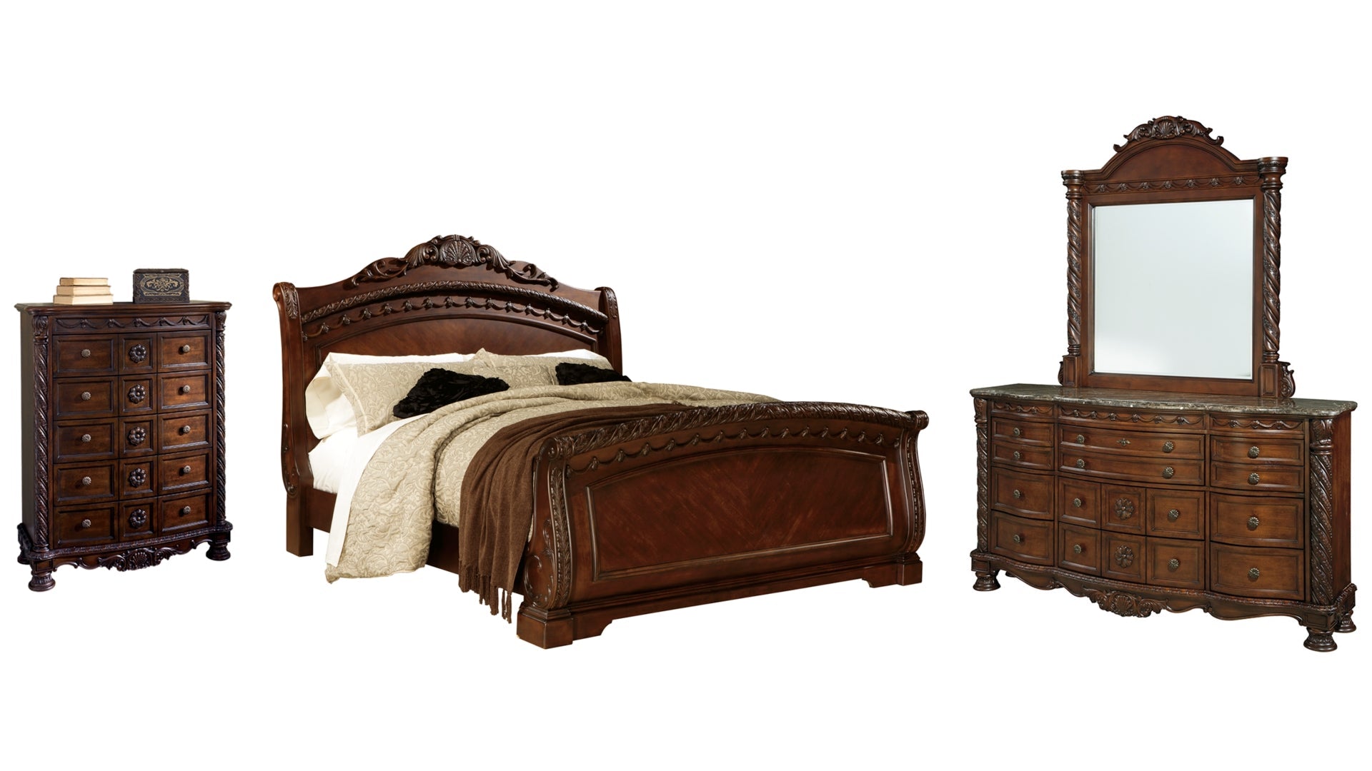 North Shore King Sleigh Bed with Mirrored Dresser and Chest