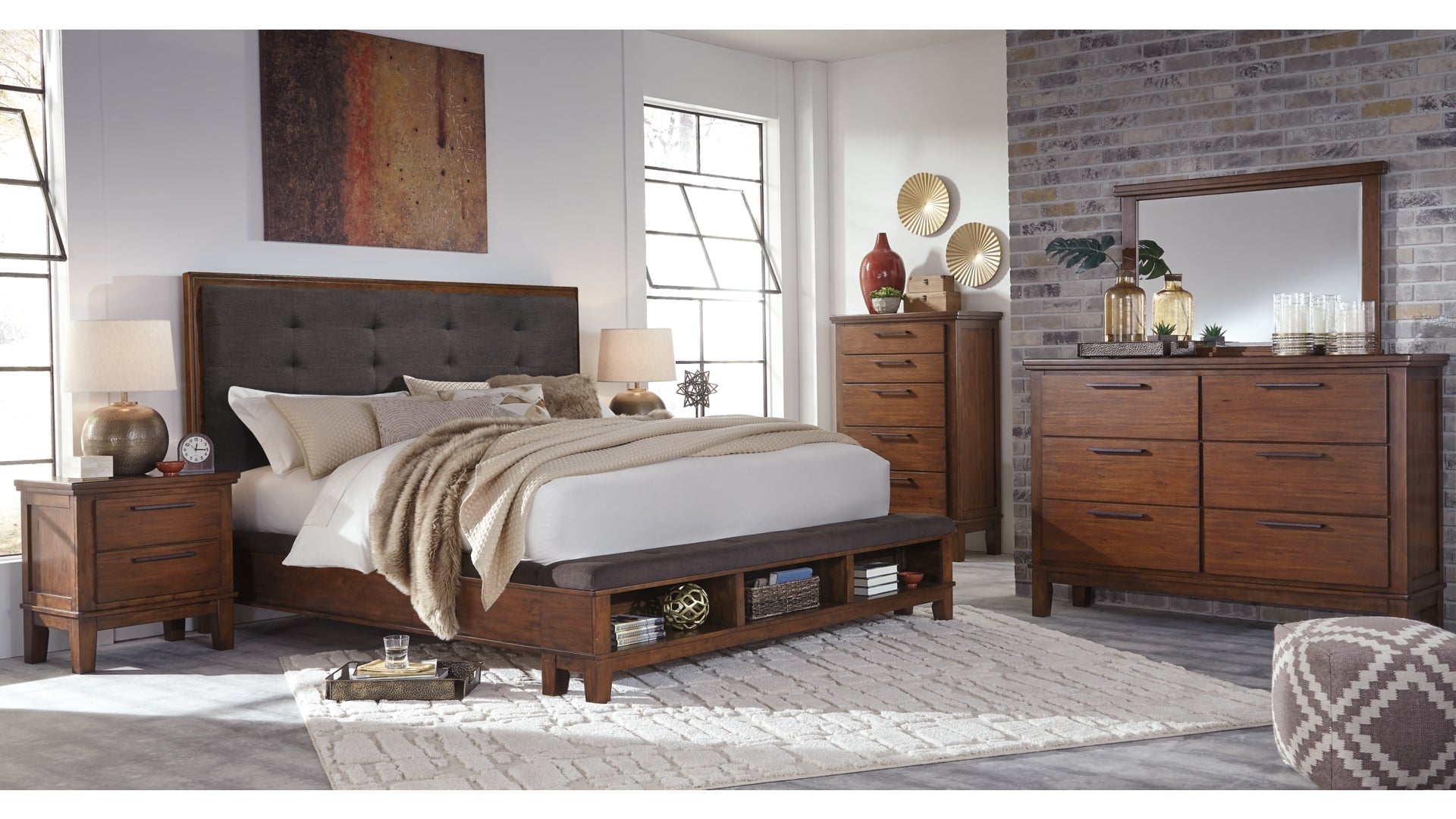 Ralene California King Upholstered Panel Bed with Mirrored Dresser and Chest